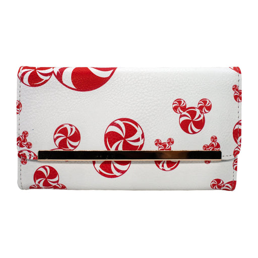Women's Envelope Fold Over Wallet PU - Mickey Mouse Peppermint Candy Swirl Ears Icon Scattered White Red Clutch Snap Closure Wallets Disney   