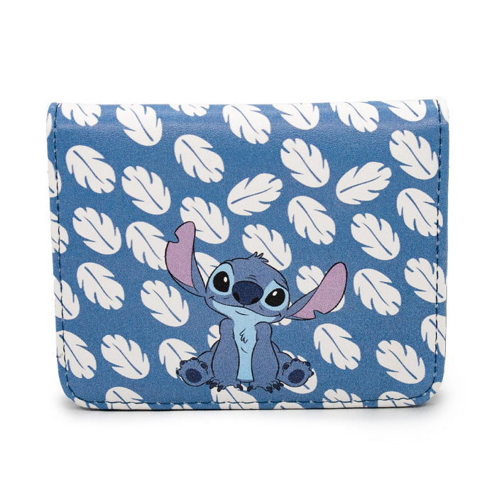 Women's Wallet ID Fold Over - Lilo & Stitch Stitch Sweet Smiling Pose CLOSE-UP Leaves Blue White Mini ID Wallets Disney   