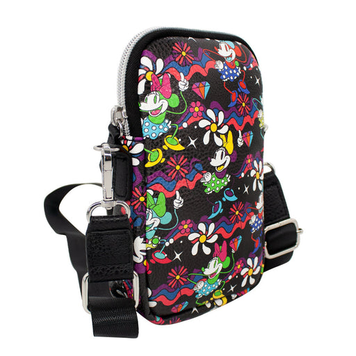 Wallet Phone Bag Holder - Minnie Mouse Style Dancing Pose Floral Collage Black Multi Color Crossbody Bags Disney   