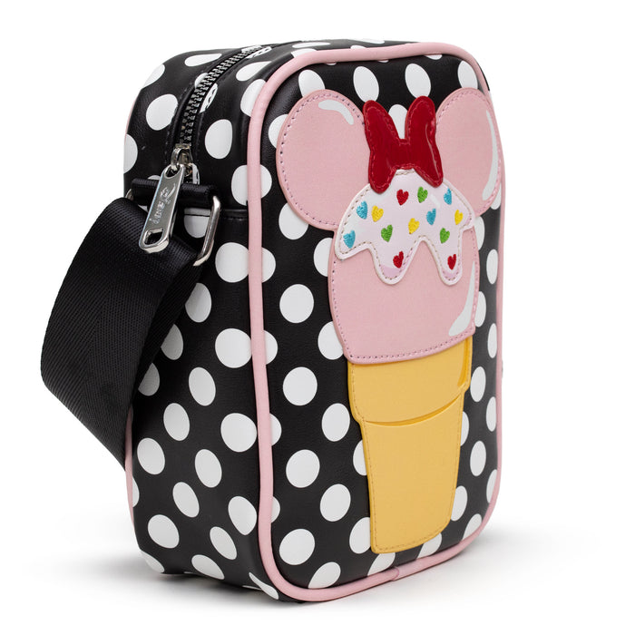 Disney Bag, Cross Body, Minnie Mouse Ice Cream Cone with Polka Dots Black, Vegan Leather Crossbody Bags Disney   