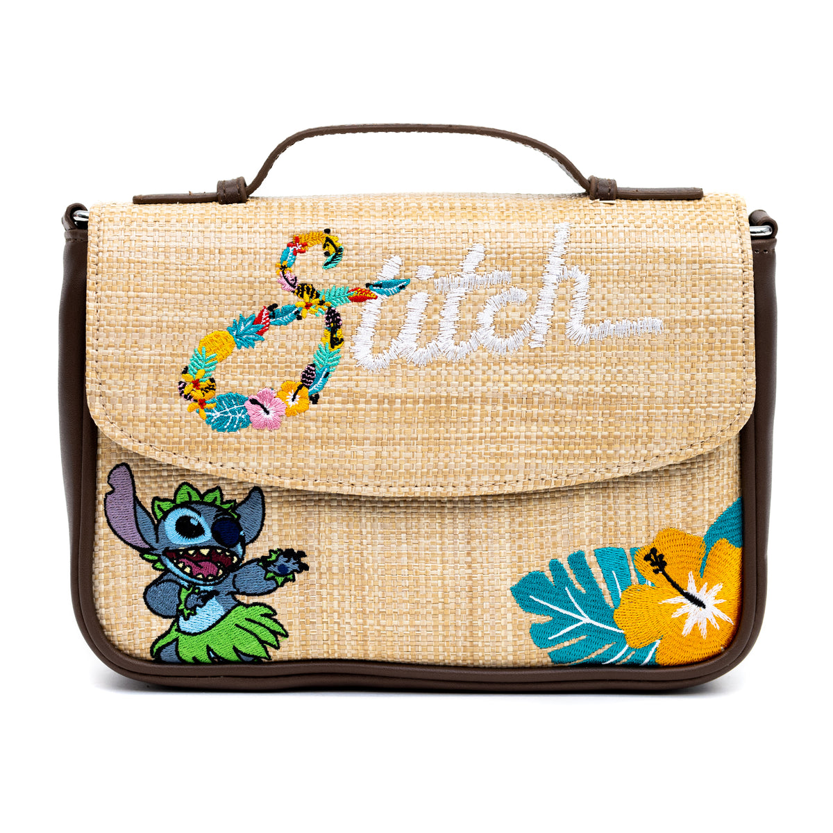 Disney Bag, Fold Over Cross Body, Lilo and Stitch Embroidered Stitch Poses,  Raffia Straw