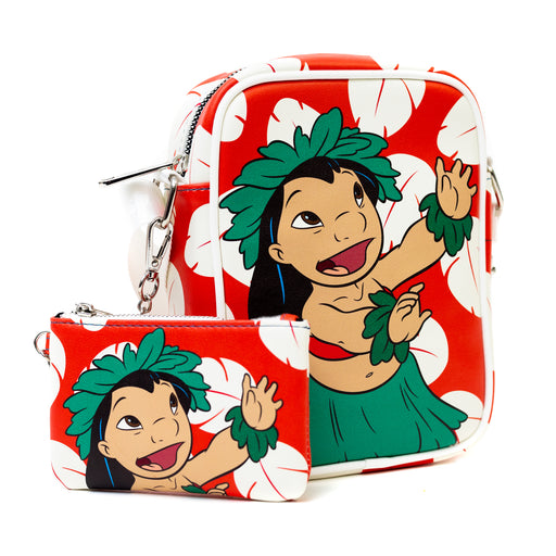 Disney Bag and Wallet Combo, Lilo and Stitch Lilo Hula Pose and Dress Print Red, Vegan Leather Crossbody Bag and Wallet Sets Disney   