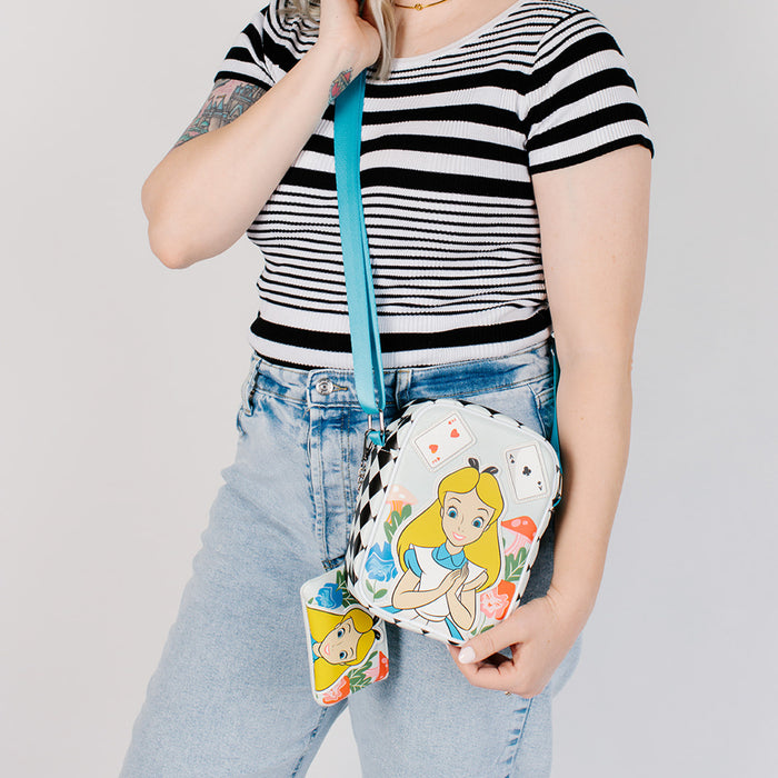 Disney Bag and Wallet Combo, Alice in Wonderland Cards Chesire Cat Clock, Vegan Leather Crossbody Bag and Wallet Sets Disney   