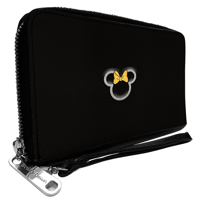 Women's PU Zip Around Wallet Rectangle - Minnie Mouse Ears and Bow Icon Outline Black White Yellow Clutch Zip Around Wallets Disney   