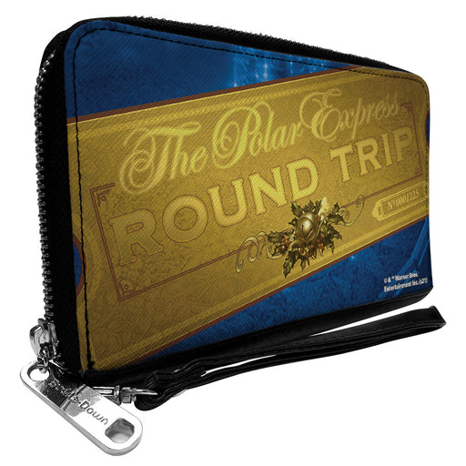 Women's PU Zip Around Wallet Rectangle - THE POLAR EXPRESS ROUND TRIP Train Ticket Blues Golds Clutch Zip Around Wallets Warner Bros. Holiday Movies   
