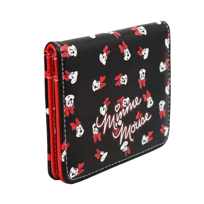 Women's Wallet ID Fold Over - Minnie Mouse Script with Expressions Scattered Black Mini ID Wallets Disney   