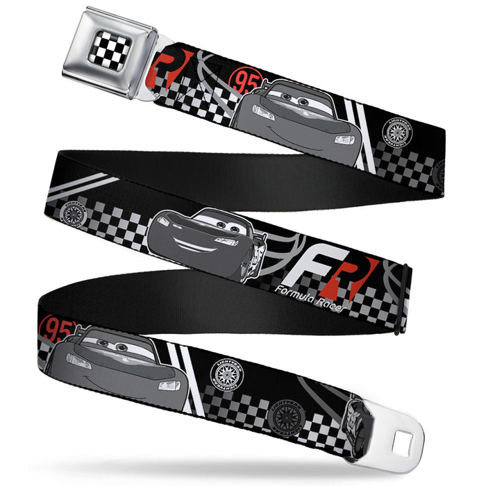Cars Checker Flag Full Color Black White Seatbelt Belt - Lightning McQueen Poses FR/95 Checker Black/White/Red Webbing Seatbelt Belts Disney   