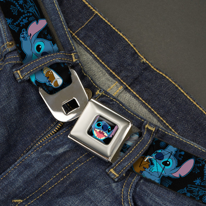 Stitch Smiling CLOSE-UP Full Color Black Seatbelt Belt - Stitch Snacking Poses Black/Blue Webbing Seatbelt Belts Disney   
