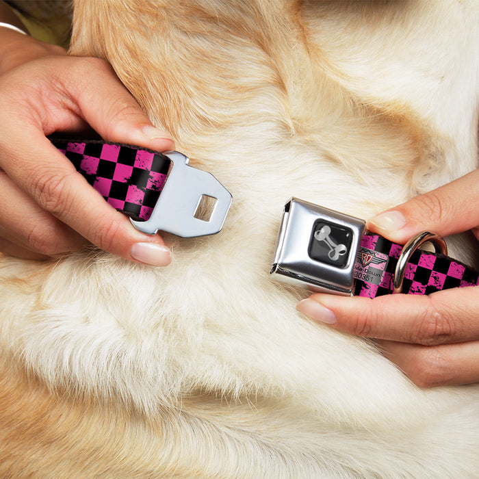 Dog Bone Seatbelt Buckle Collar - Checker Weathered Black/Neon Pink Seatbelt Buckle Collars Buckle-Down   