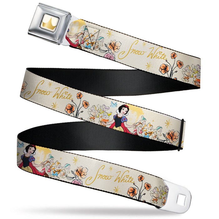 Disney Princess Crown Full Color Golds Seatbelt Belt - Snow White and the Seven Dwarfs with Script and Flowers Yellows Webbing Seatbelt Belts Disney   