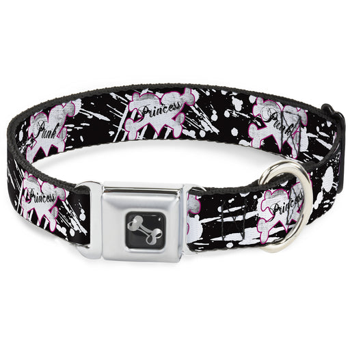 Dog Bone Seatbelt Buckle Collar - Punk Princess Heart & Cross Bones w/Splatter Black/White Seatbelt Buckle Collars Buckle-Down   