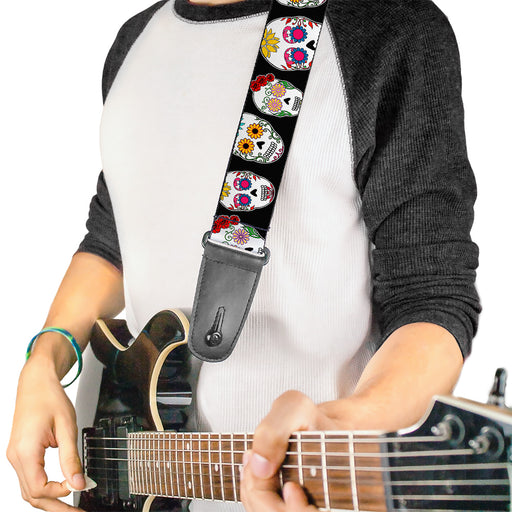 Guitar Strap - Sugar Skull Outline Black Multi Color Guitar Straps Buckle-Down   