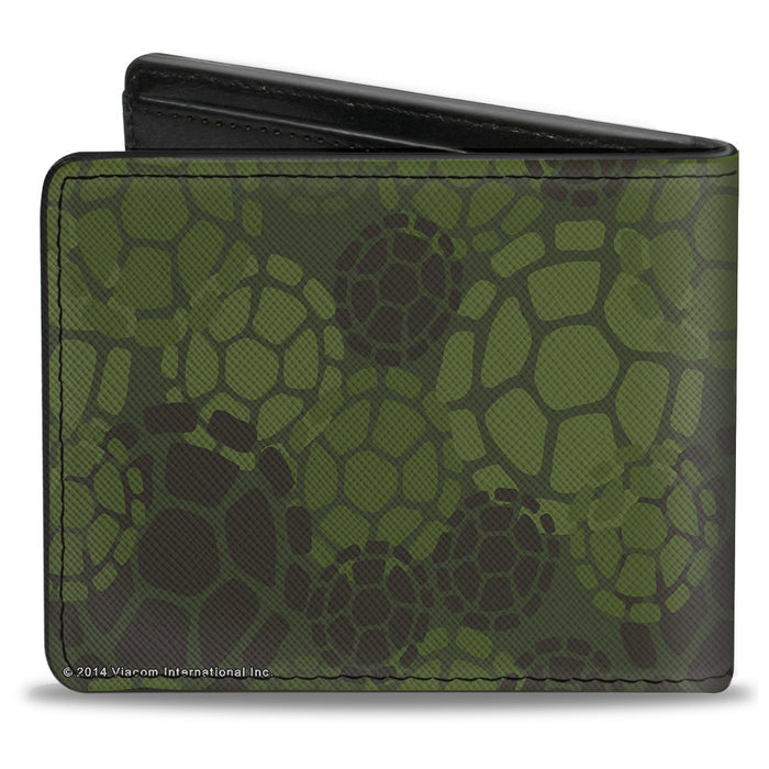Bi-Fold Wallet - Classic Turtle Face CLOSE-UP Outline TMNT Turtle Shell Camo Olive White Bi-Fold Wallets Nickelodeon   