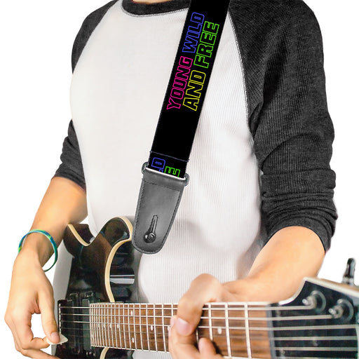 Guitar Strap - YOUNG WILD AND FREE Outline Black Multi Neon Guitar Straps Buckle-Down   