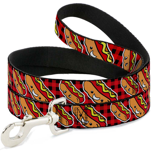 Dog Leash - Hot Dogs/Buffalo Plaid Black/Red Dog Leashes Buckle-Down   