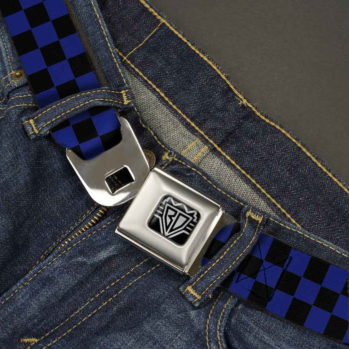 BD Wings Logo CLOSE-UP Full Color Black Silver Seatbelt Belt - Checker Black/Blue Webbing Seatbelt Belts Buckle-Down   