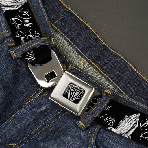 BD Wings Logo CLOSE-UP Full Color Black Silver Seatbelt Belt - ONLY GOD CAN JUDGE ME Script/Praying Hands Black/White Webbing Seatbelt Belts Buckle-Down   