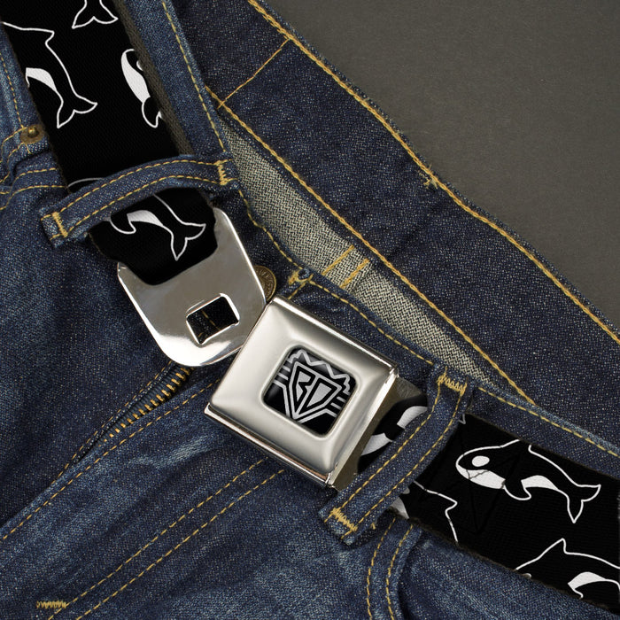 BD Wings Logo CLOSE-UP Full Color Black Silver Seatbelt Belt - Killer Whales Black/White Webbing Seatbelt Belts Buckle-Down   