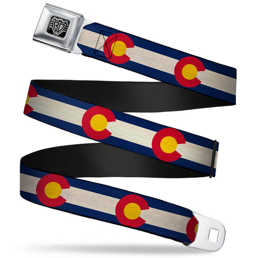 BD Wings Logo CLOSE-UP Full Color Black Silver Seatbelt Belt - Colorado Flags2 Repeat Vintage2 Webbing Seatbelt Belts Buckle-Down   