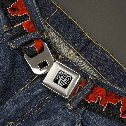 BD Wings Logo CLOSE-UP Full Color Black Silver Seatbelt Belt - Portland Vivid Skyline Red Roses/Black Webbing Seatbelt Belts Buckle-Down   