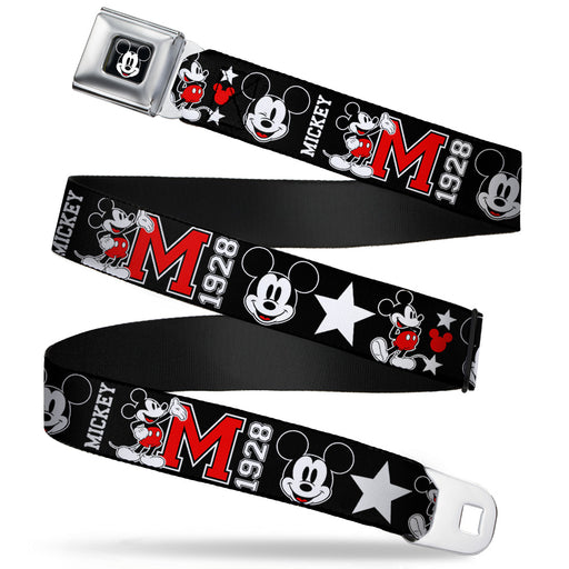 Mickey Mouse Face Full Color Black Seatbelt Belt - Classic Mickey Mouse 1928 Collage Black/White/Red Webbing Seatbelt Belts Disney   