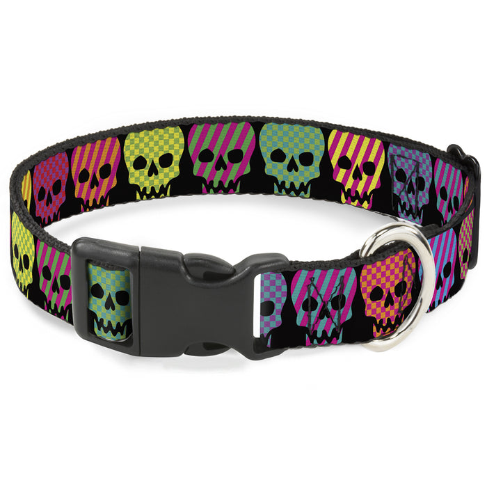 Plastic Clip Collar - Checker & Stripe Skulls Black/Multi Neon Plastic Clip Collars Buckle-Down   