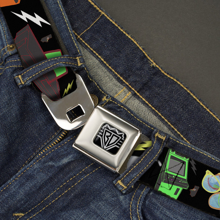BD Wings Logo CLOSE-UP Full Color Black Silver Seatbelt Belt - Eighties Arcade Black Webbing Seatbelt Belts Buckle-Down   