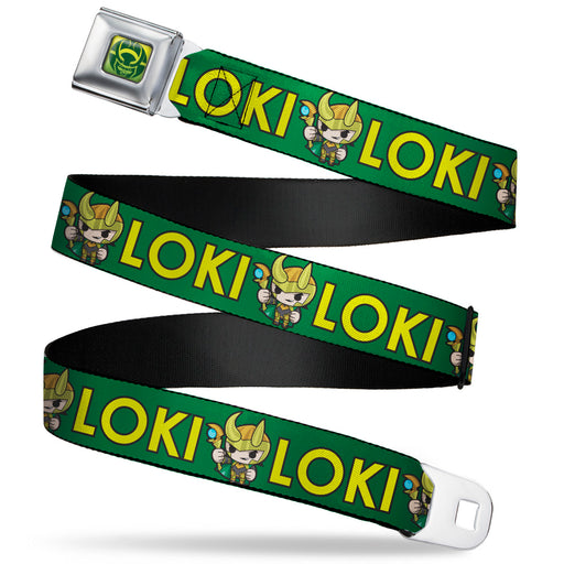 Loki Face Icon Full Color Yellow/Greens Seatbelt Belt - Kawaii LOKI Standing Pose/Text Green/Yellow Webbing Seatbelt Belts Marvel Comics   