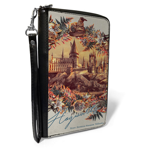 Women's PU Zip Around Wallet Rectangle - Harry Potter Hogwarts Castle Floral Collage Gray Clutch Zip Around Wallets The Wizarding World of Harry Potter   