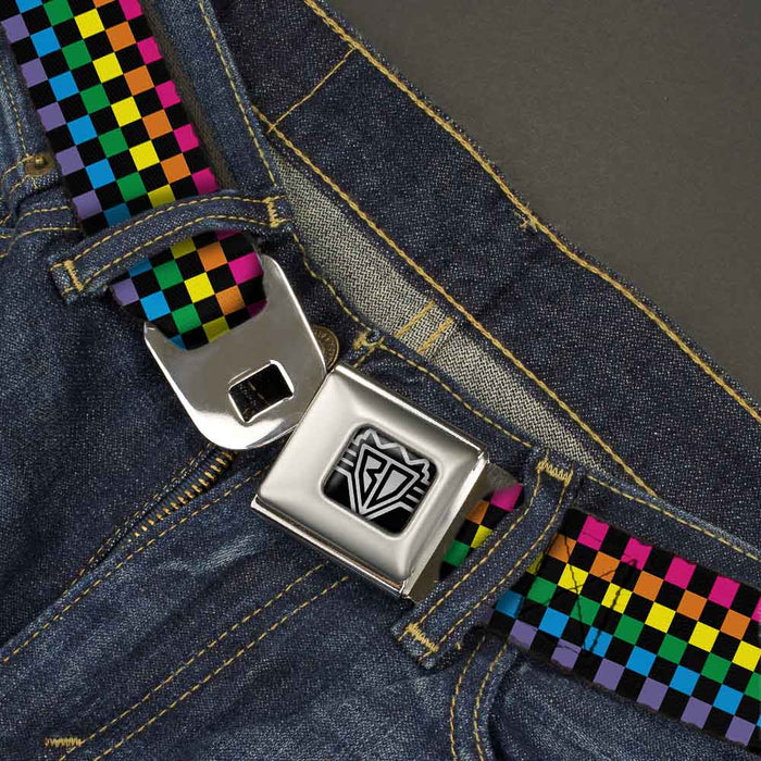 BD Wings Logo CLOSE-UP Full Color Black Silver Seatbelt Belt - Checker Black/Neon Rainbow Webbing Seatbelt Belts Buckle-Down   