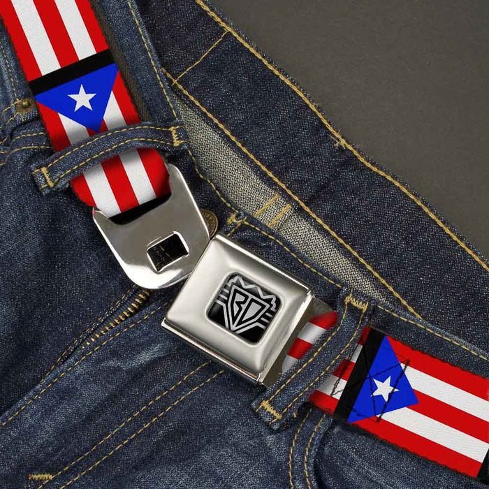 BD Wings Logo CLOSE-UP Full Color Black Silver Seatbelt Belt - Puerto Rico Flag Repeat/Black Webbing Seatbelt Belts Buckle-Down   