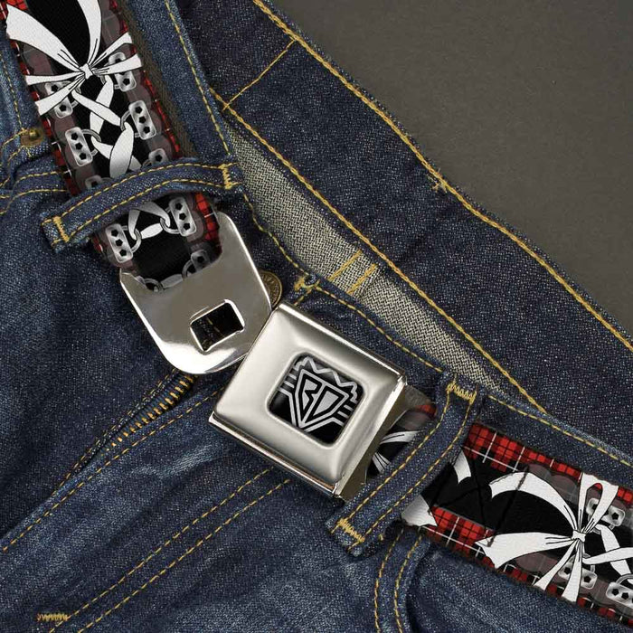 BD Wings Logo CLOSE-UP Full Color Black Silver Seatbelt Belt - Corset Lace Up w/Bow Red Plaid/Black Webbing Seatbelt Belts Buckle-Down   