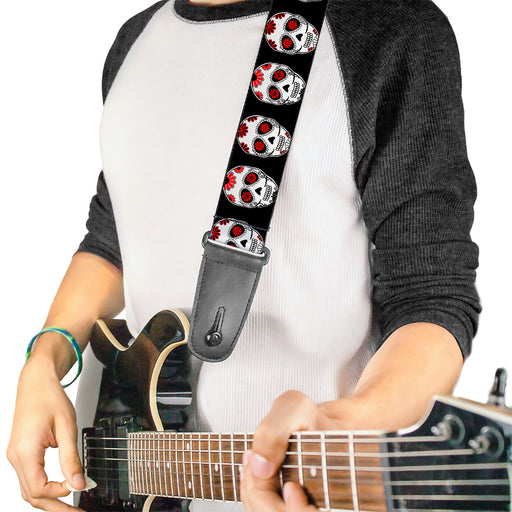 Guitar Strap - Sugar Skulls Black White Red Guitar Straps Buckle-Down   