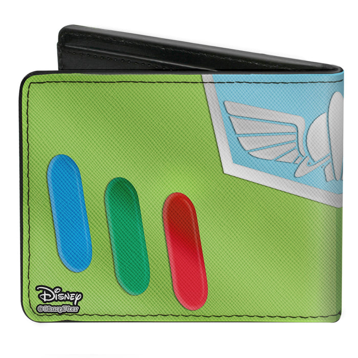 Bi-Fold Wallet - Toy Story Buzz Lightyear Chest Buttons Bounding Green Multi Color Bi-Fold Wallets Disney   