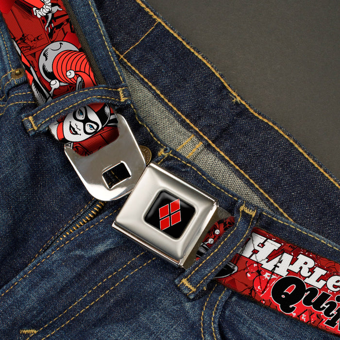 Harley Quinn Diamond Full Color Black Red Seatbelt Belt - HARLEY QUINN Poses/Comic Book Scenes Reds/Black Webbing Seatbelt Belts DC Comics   