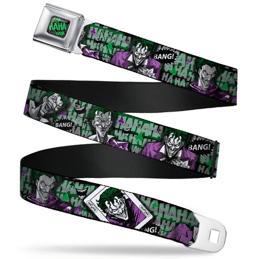 HAHA Stacked Full Color Black Gray Green Seatbelt Belt - The Joker 4-Poses/Joker Card HAHA/Smile/BANG! Grays/Greens/Purples Webbing Seatbelt Belts DC Comics   