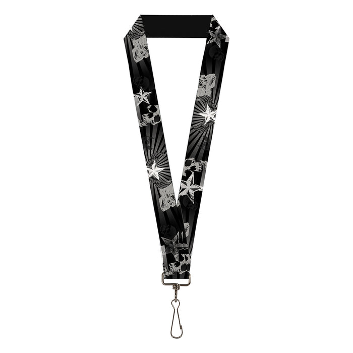 Lanyard - 1.0" - Die Hard Skulls & Stars1 Black Grays Lanyards Buckle-Down   