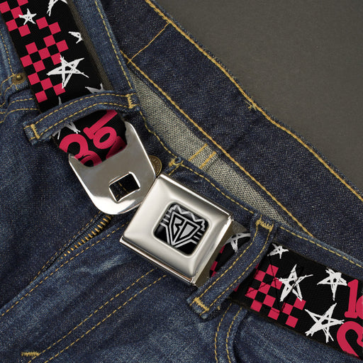 BD Wings Logo CLOSE-UP Full Color Black Silver Seatbelt Belt - Love Me w/Sketch Stars & Checkers Black/Fuchsia/White Webbing Seatbelt Belts Buckle-Down   