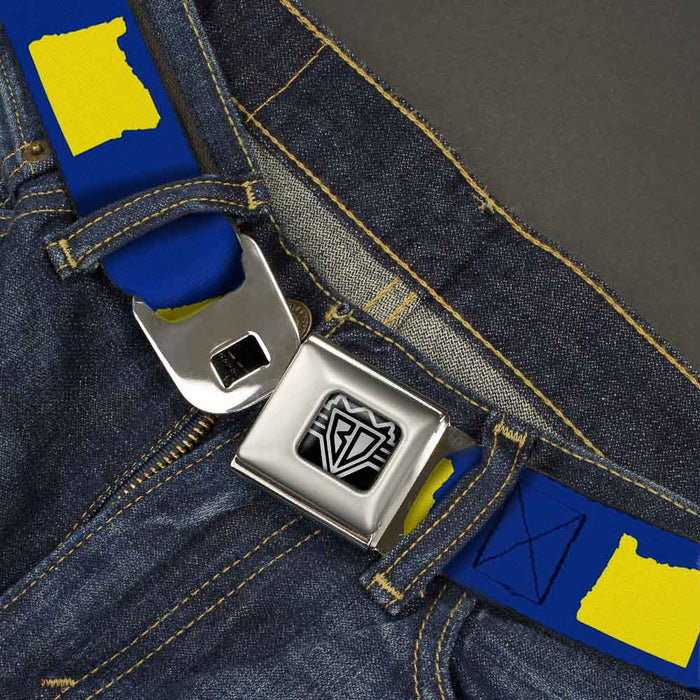 BD Wings Logo CLOSE-UP Full Color Black Silver Seatbelt Belt - Oregon State Silhouette Blue/Yellow Webbing Seatbelt Belts Buckle-Down   