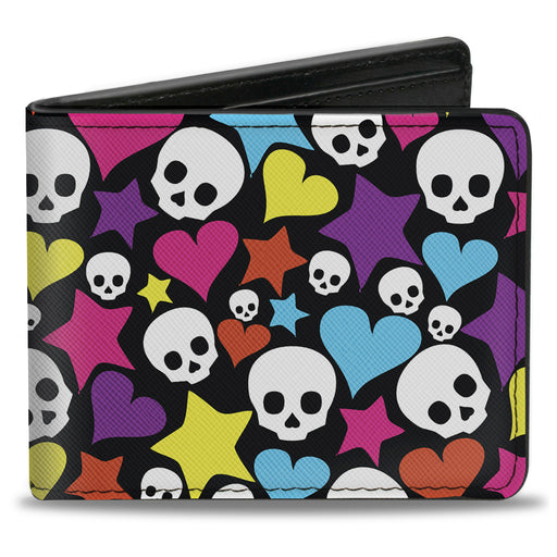 Bi-Fold Wallet - Funky Skulls Hearts & Stars Black Multi Color Bi-Fold Wallets Buckle-Down   