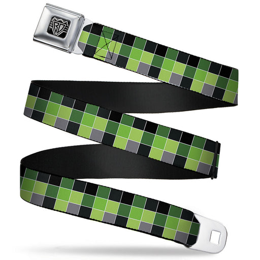 BD Wings Logo CLOSE-UP Full Color Black Silver Seatbelt Belt - Checker Mosaic Green Webbing Seatbelt Belts Buckle-Down   