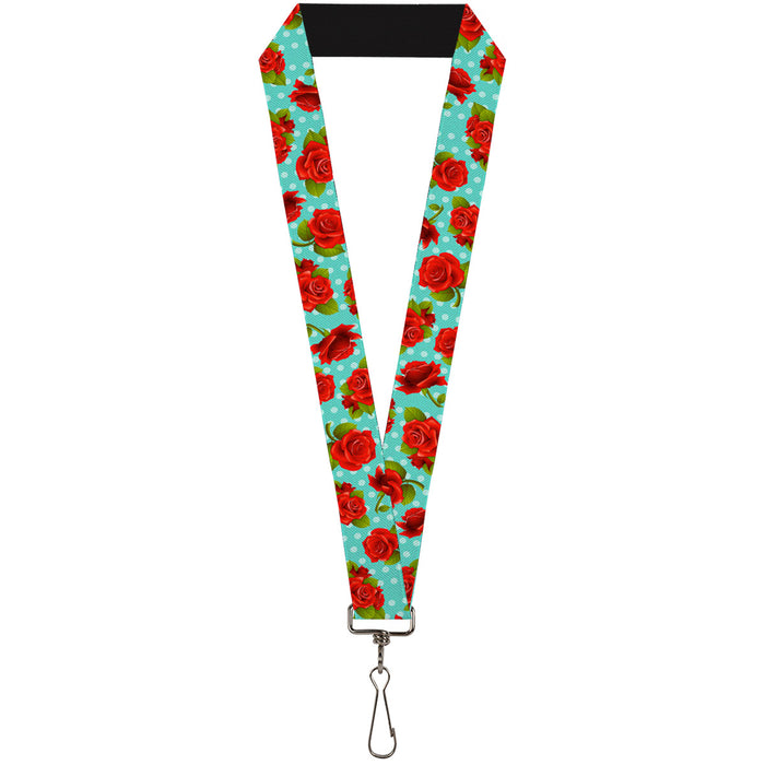 Lanyard - 1.0" - Red Roses Polka Dots Turquoise Lanyards Buckle-Down   