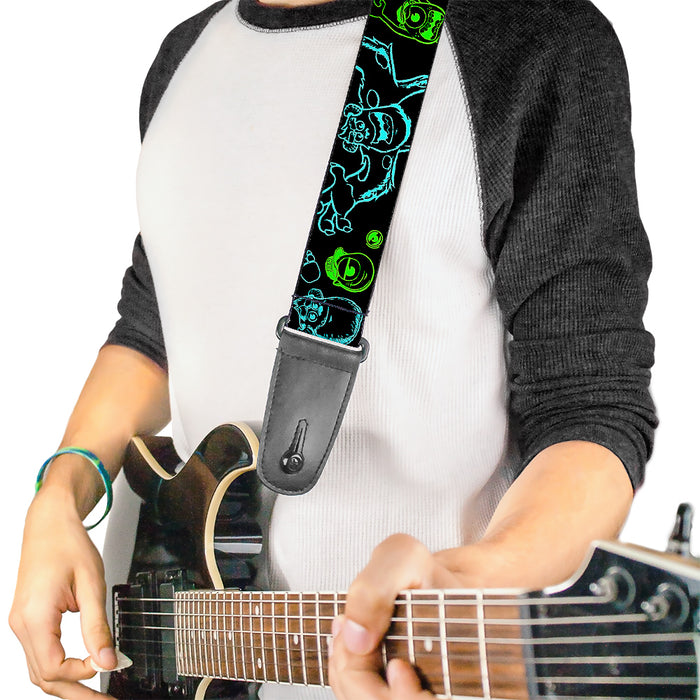 Guitar Strap - Monsters Inc Sully & Mike Poses GRRRRR! Black Turquoise Green Guitar Straps Disney   