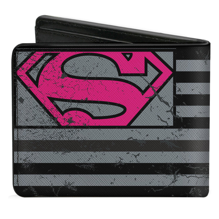 Bi-Fold Wallet - Superman Shield Americana Weathered Gray Black Pink Bi-Fold Wallets DC Comics   
