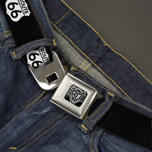 BD Wings Logo CLOSE-UP Full Color Black Silver Seatbelt Belt - ROUTE 66 Highway Sign Repeat Black/White Webbing Seatbelt Belts Buckle-Down   