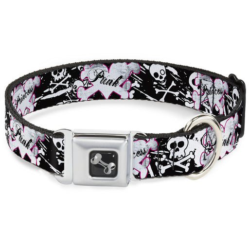 Dog Bone Seatbelt Buckle Collar - Punk Princess Heart & Cross Bones w/Skulls & Splatter Black/White Seatbelt Buckle Collars Buckle-Down   