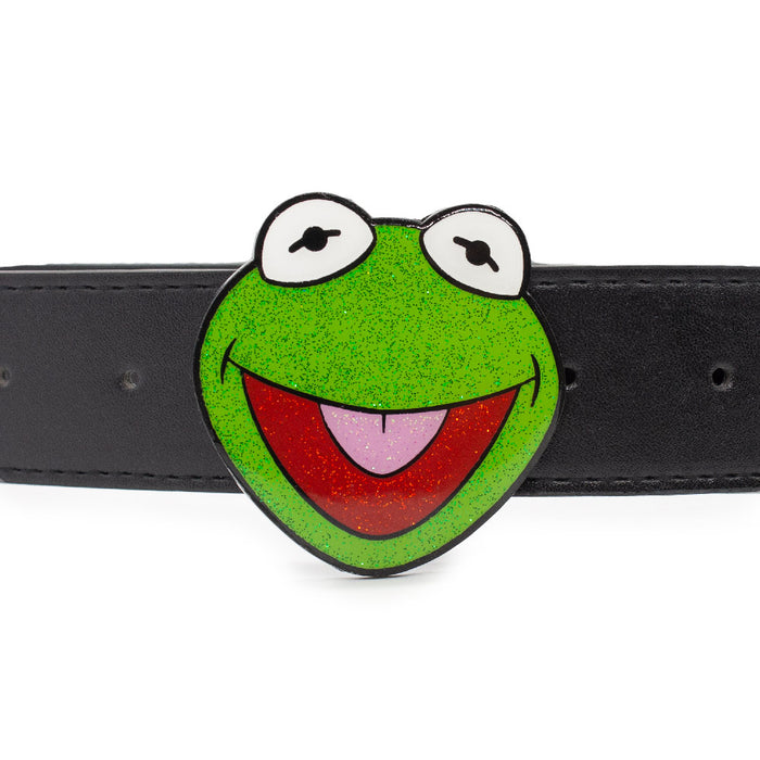 The Muppets Kermit the Frog Glitter Enamel Cast Buckle - 1.5 Inch Wide Black PU Strap Belt Cast Buckle Belts Disney   