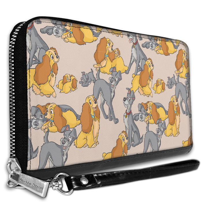 Women's PU Zip Around Wallet Rectangle - Lady and the Tramp with Puppies Poses Pink Clutch Zip Around Wallets Disney   