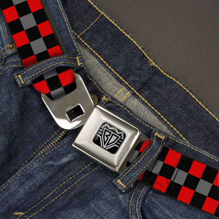 BD Wings Logo CLOSE-UP Full Color Black Silver Seatbelt Belt - Checker Black/Gray/2 Red Webbing Seatbelt Belts Buckle-Down   