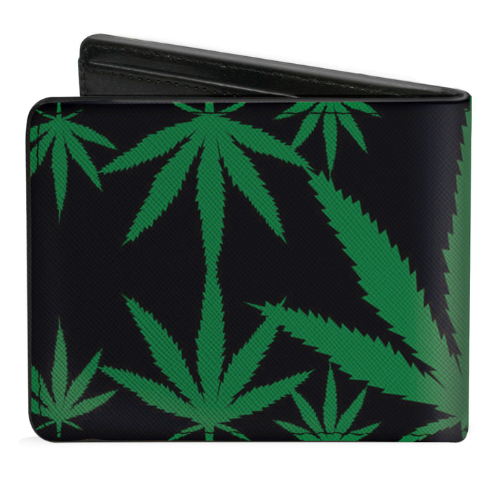 Bi-Fold Wallet - Marijuana Leaves Scattered Black Green Bi-Fold Wallets Buckle-Down   